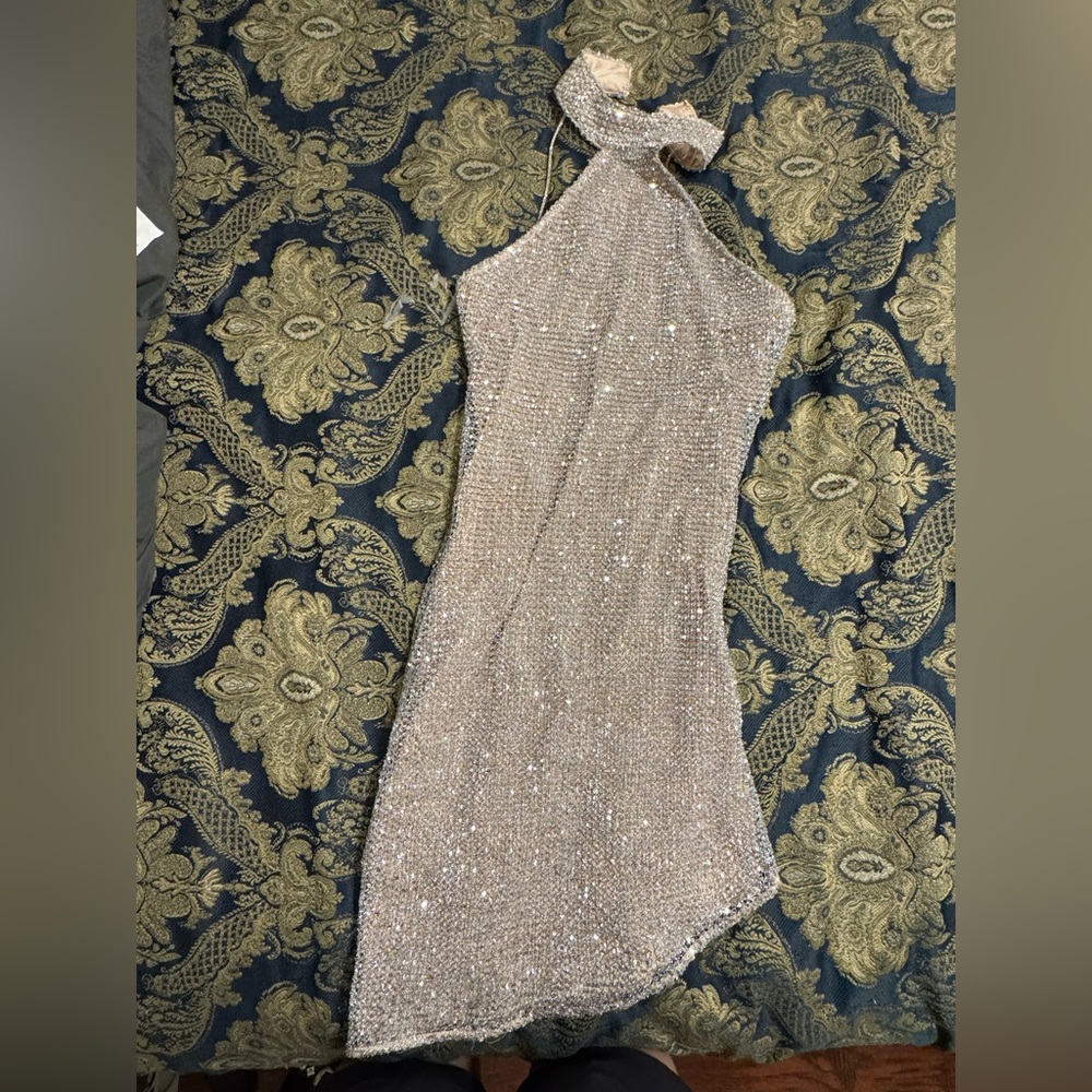 Fashion Nova Silver Sequin One Shoulder Cocktail Dress